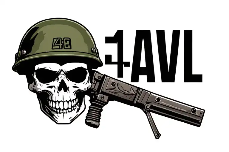 "4-1 Cav Long Knife" tank Skull wearing army helmet adorned tattoo design idea