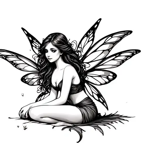 delicate fairy sitting tattoo design idea