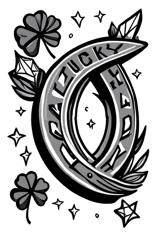horseshoe, clover, diamond, stars, inscription Lucky tattoo design idea