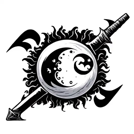 sun moon in Japanese kanji written on a sword piercing tattoo design idea