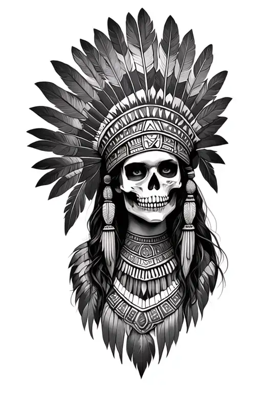aztec warrior girl skeletal face with an Aztec-inspired headdress, blending death and warrior symbolism feathers tattoo design idea
