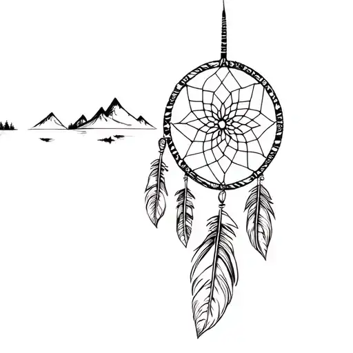 Long feather dream catcher with mountains river pine trees and campfire inside it tattoo design idea