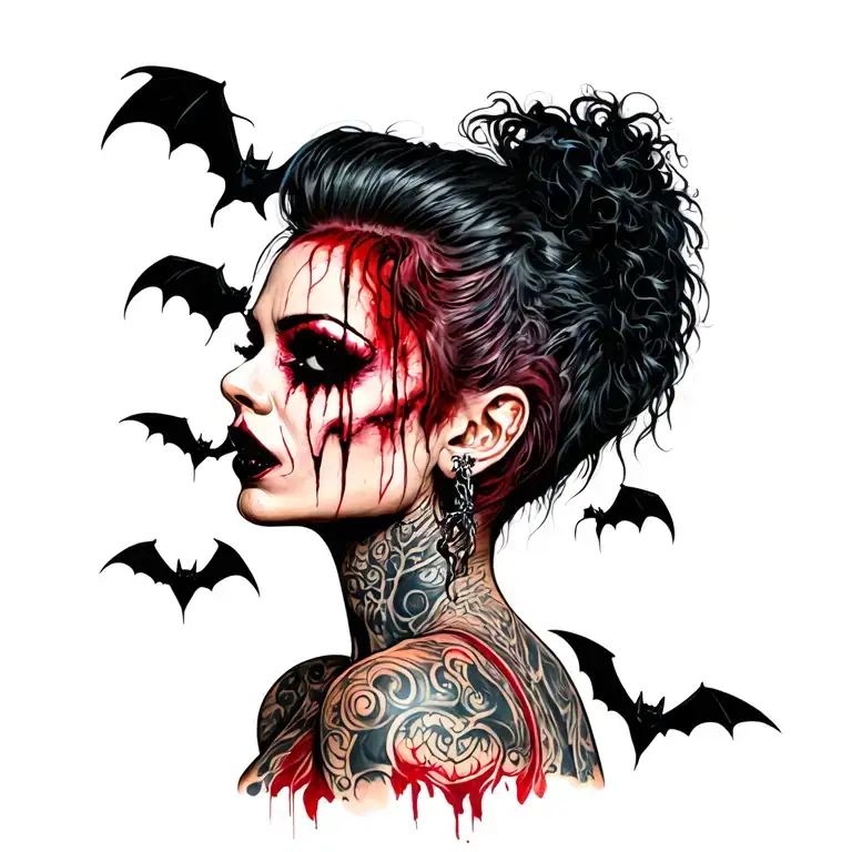punk woman with gang of bats tattoo design idea