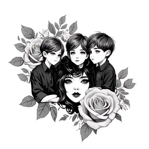 roses and lady face with two boys sitting tattoo design idea