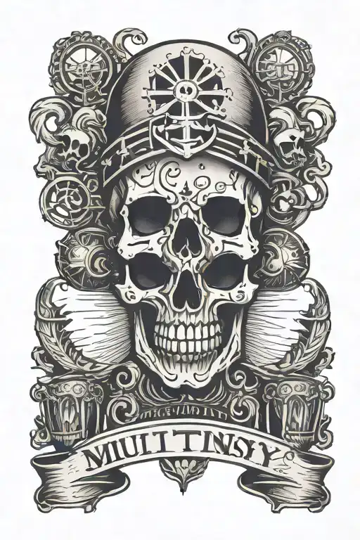 container ship with stacks of containers with a skull and anchor below and with text below that says "mutiny" tattoo design idea