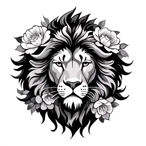 neo traditional lion and flowers tattoo design idea