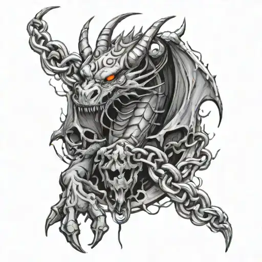 the dragon breaks the chains, there is lightning around and he crushes human skulls with his paw tattoo design idea