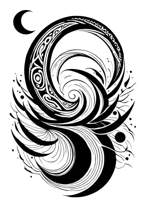Fibonacci spiral line art with phases of the moon surrounded tattoo design idea