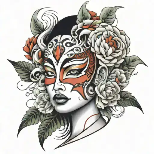 A neotraditional design of a hanya mask morphing into a beautiful female face, symbolizing the duality of emotions and strength tattoo design idea