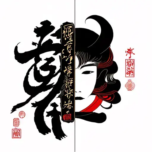 Half an onimask and the other half a 生き甲斐 inscription surrounded by Japanese lumens and instead of shadows very fine tattoo design idea