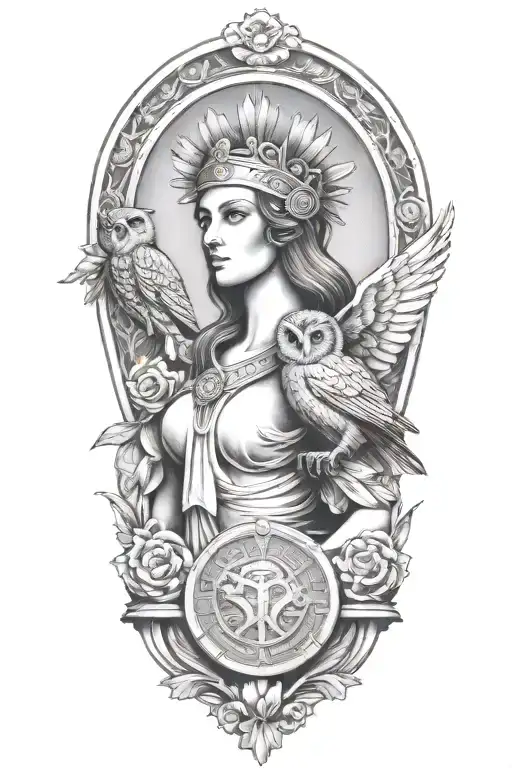 athena greek goddess with owl and parthenon tattoo design idea