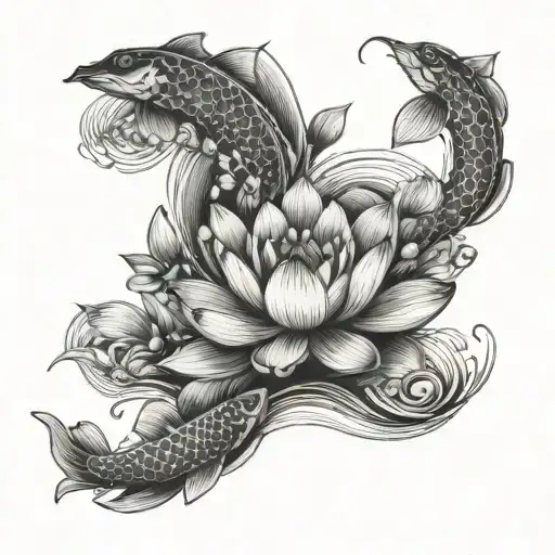 Lotus flowers on rippling water with coy fish cool lines forming tattoo design idea