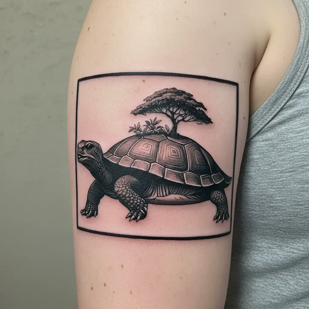 realistic tortoise with an african baobab tree growing on it tattoo design idea