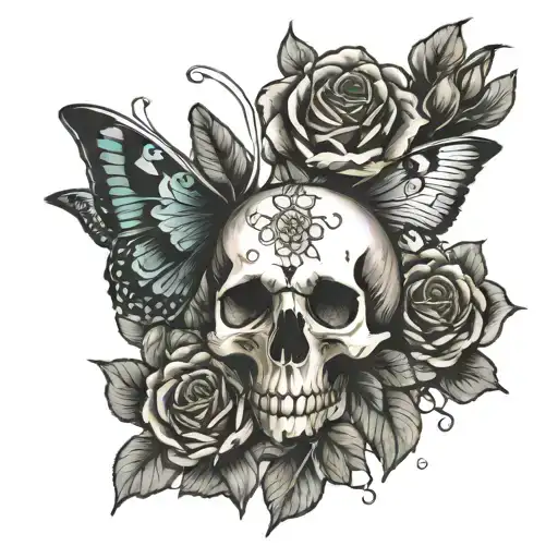 hand skull butter fly and roses blooming tattoo design idea