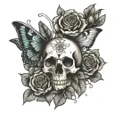 hand skull butter fly and roses blooming tattoo design idea