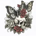hand skull butter fly and roses blooming tattoo design idea