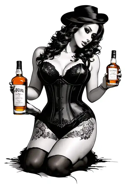 lingerie or corset, sexy women holding whiskey bottles on knees tattoo design idea