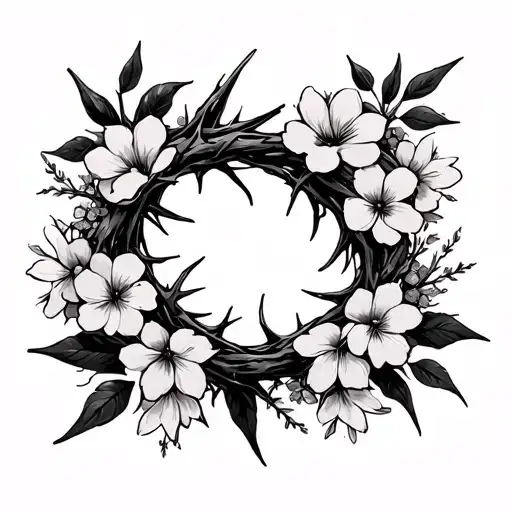 feminine crown of thorns with wild flowers blooming tattoo design idea