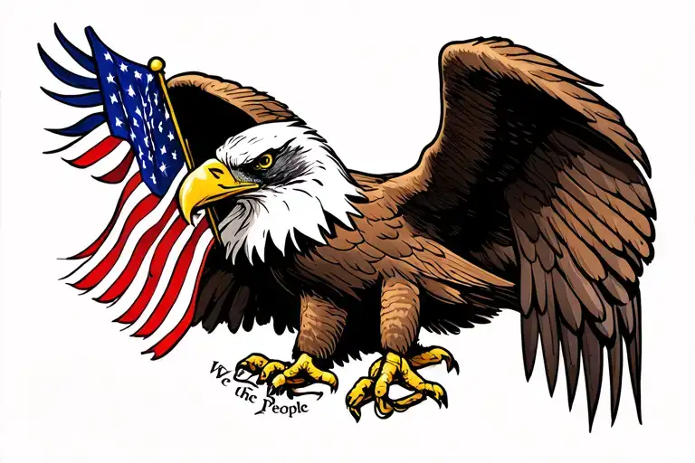 eagle with an American flag in its beak while clutching the We the People part of the constitution in its talons tattoo design idea