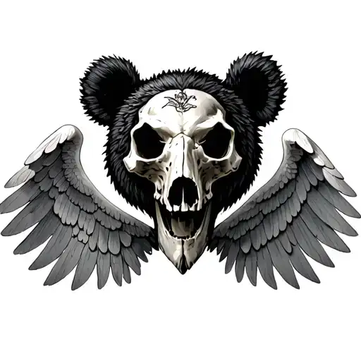 bear skull and wings spread wide dark forest tattoo design idea