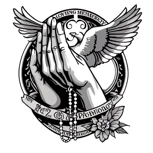 Praying Hands with a rosary, Dove, In loving memory tattoo design idea