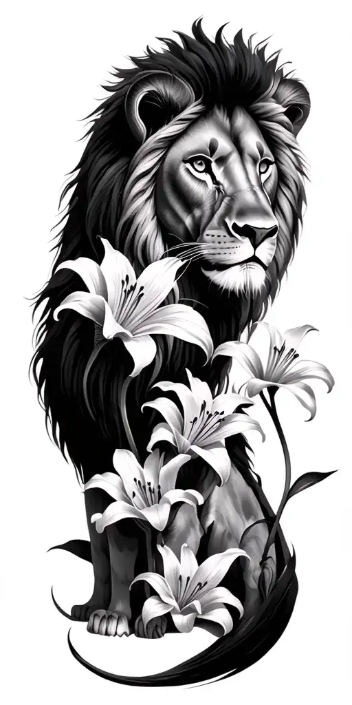lilies, lion mother of two children tattoo design idea