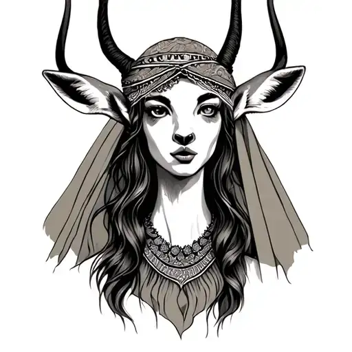 Gazelle on the desert landscape and girl with veil on her head  tattoo design idea