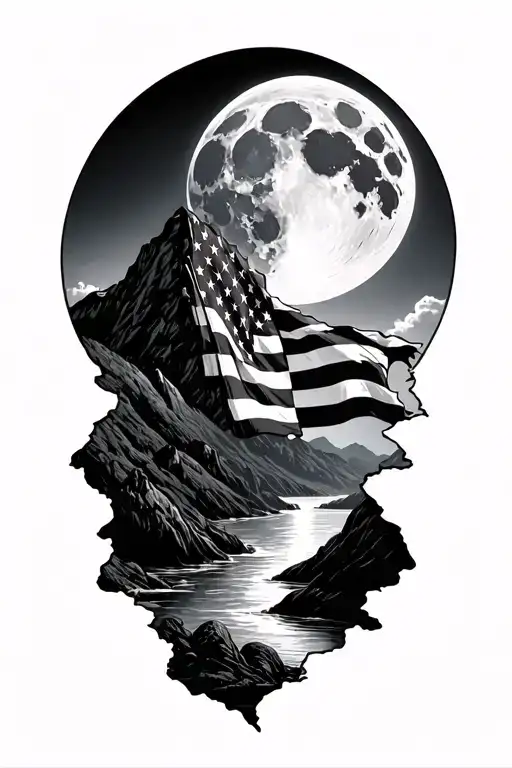 mountain, torn u.s flag, moon light river surrounded tattoo design idea