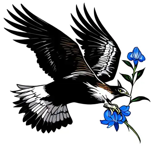 hawk flying with bluebell flower in its mouth. Cybersygilism style tattoo design idea