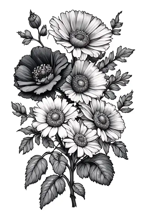 a vine of a marigold flower, poppy flower, daisy, rose, narcissus, aster, and violet flower, then stems into mountains tattoo design idea