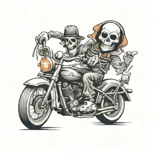 skeleton clown riding motorcycles with words campbell and initials SL tattoo design idea