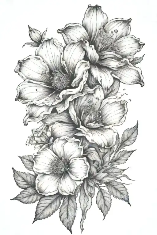The Lou’s Name + date of birth august 24, 2024 + cosmos + marigold + narcissus + poppy + holly + gladiolus + breastfeedi tattoo design idea