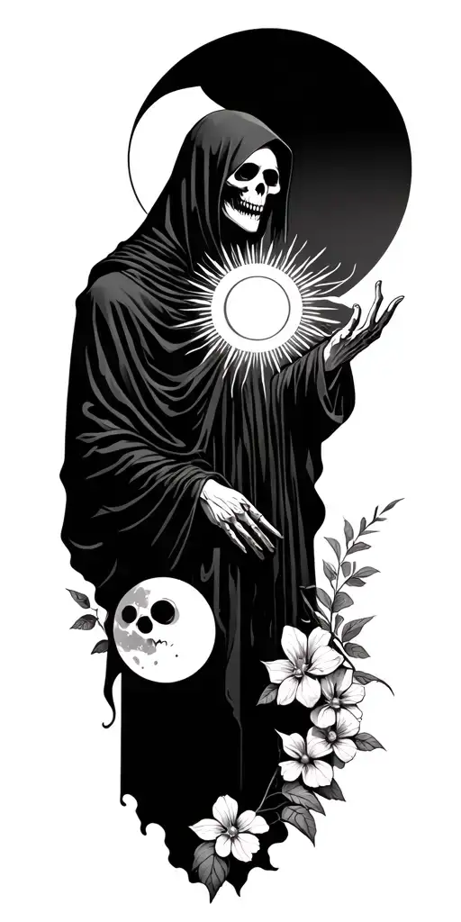 grim reaper full body with sun and moon with flowers tattoo design idea