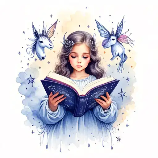 A tattoo design of a young girl reading a magical book with sketches of unicrons and fairies and stars in the background tattoo design idea