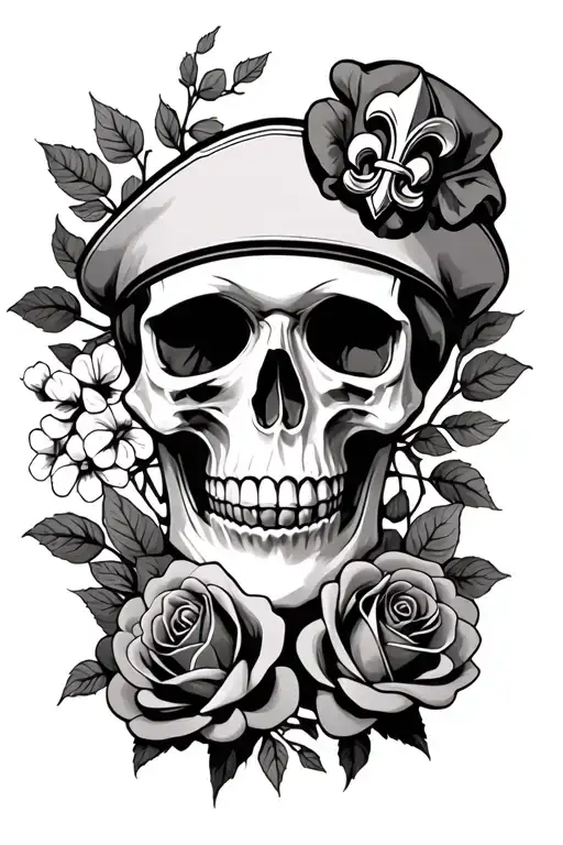 skull with roses surrounding add a military beret with fleur de lys tattoo design idea