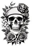skull with roses surrounding add a military beret with fleur de lys tattoo design idea