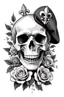 skull with roses surrounding add a military beret with fleur de lys tattoo design idea