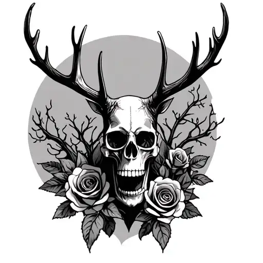 skull stag roses trees knife shapes tattoo design idea