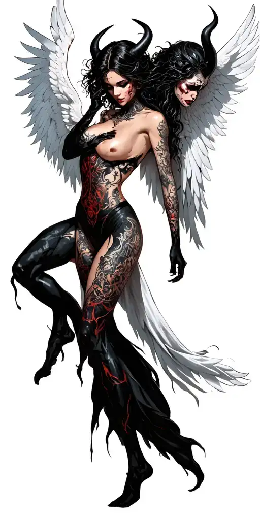 1 sexy female angel in white fighting 1 sexy female demon in black tattoo design idea