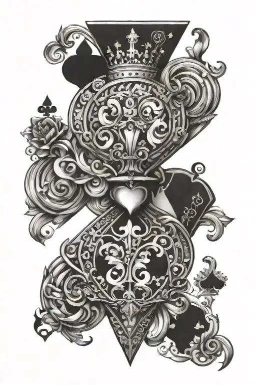 queens of hearts (representing the light) and spades (representing darkness) mixed together, one up and one down tattoo design idea