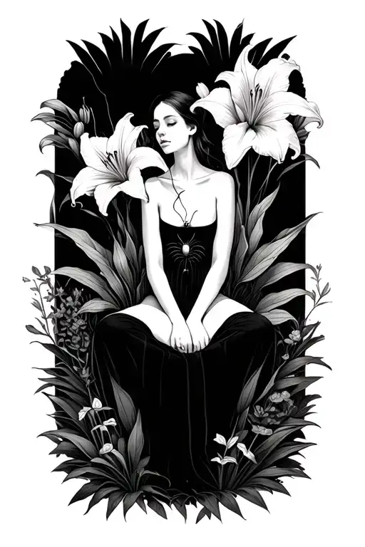 Spider lillies in the shape of a women sat among other plants tattoo design idea