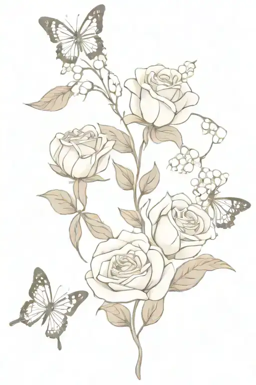 Roses, lily of the valley, prim roses and butterfly tattoo design idea