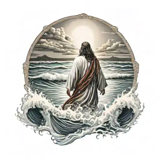 Hyper Realistic, Portrait of Jesus Christ walking from the back, on water waves, stormy waters, highly detailed imagery, tattoo design idea