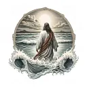 Hyper Realistic, Portrait of Jesus Christ walking from the back, on water waves, stormy waters, highly detailed imagery, tattoo design idea