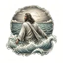 Hyper Realistic, Portrait of Jesus Christ walking from the back, on water waves, stormy waters, highly detailed imagery, tattoo design idea