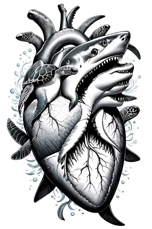 Great white sharks and sea turtles circling an ocean themed human heart  tattoo design idea