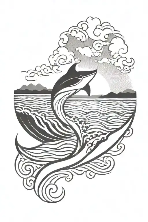 muscle contouring sun setting with waves and stingray  tattoo design idea