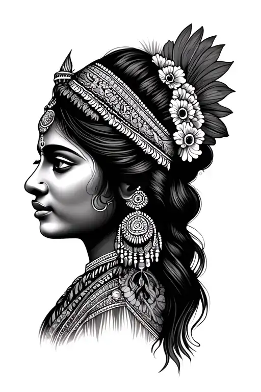 Indian Female head profile holding traditional style tattoo tattoo design idea