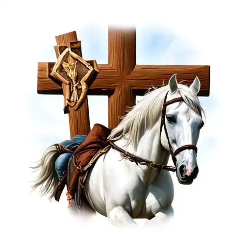 cowboy themed white horse in front of a cross tattoo design idea