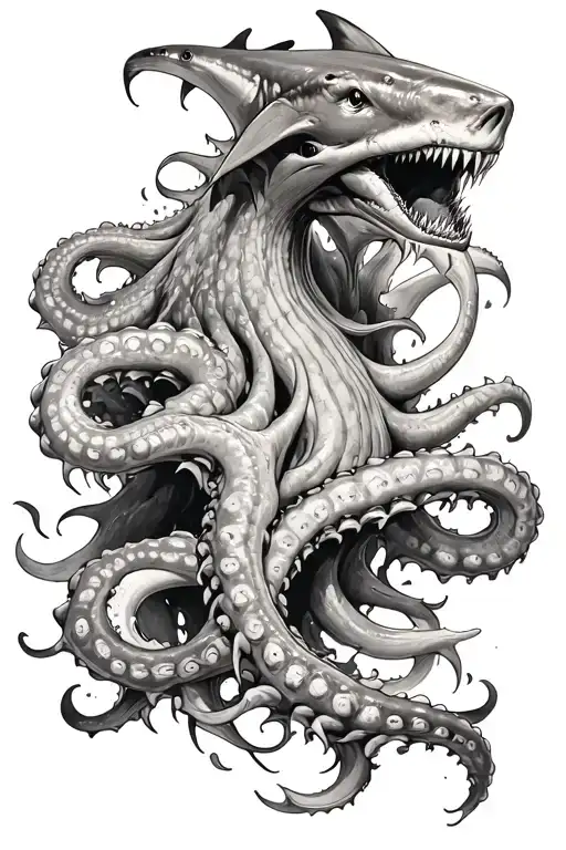Kraken emerging from the depths surrounded by sharks tattoo design idea
